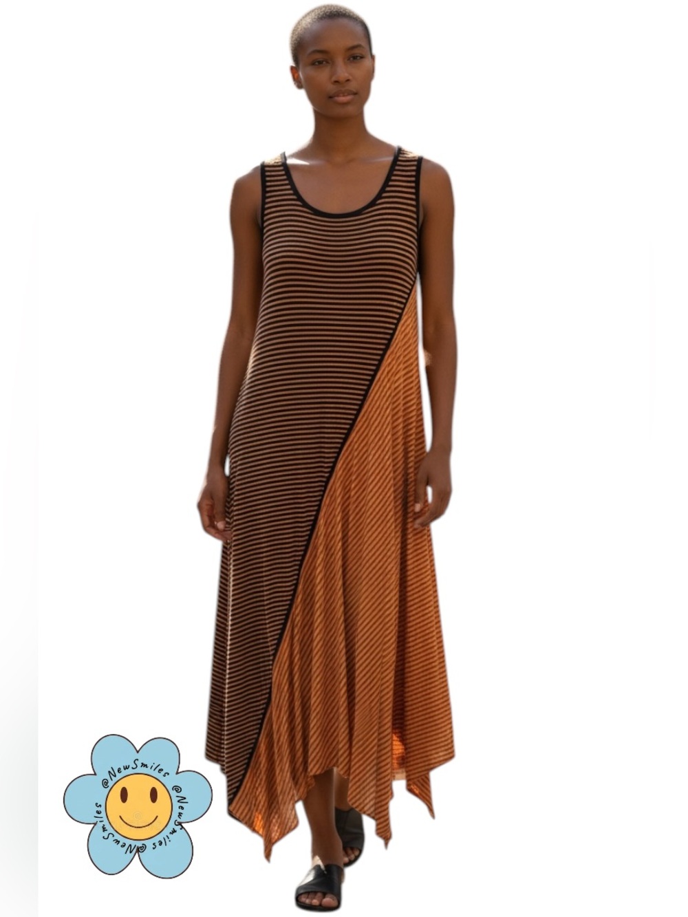Spense ~Sleeveless Dress ~Brown/Tan ~ Asymmetrical ~Stripes in Different Panels